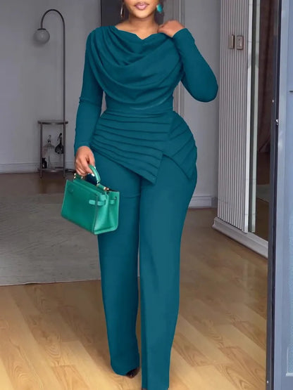 Swing Collar Ruched Jumpsuit Long Sleeve Solid Elegant Office Ladies Asymmetric Hem Autumn Casual Vintage Ruched Slim Rompers