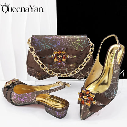 QueenaYan 2026 New Summer Collection Stylish Italian Women’s Shoes and Bag Set Gold Colour Comfortable Low Heels With Rhinestone