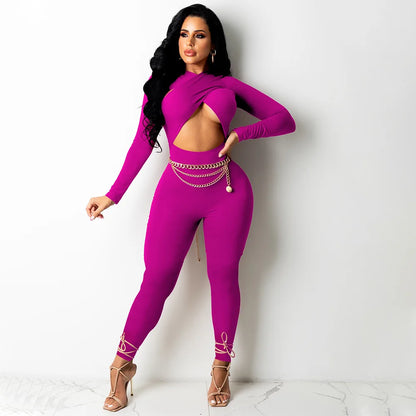 CM.YAYA Women Hollow Out Cross Sexy Party Clubwear Long Sleeve Jumpsuits 2024 Winter Autumn Street Crop One Piece Suit Rompers