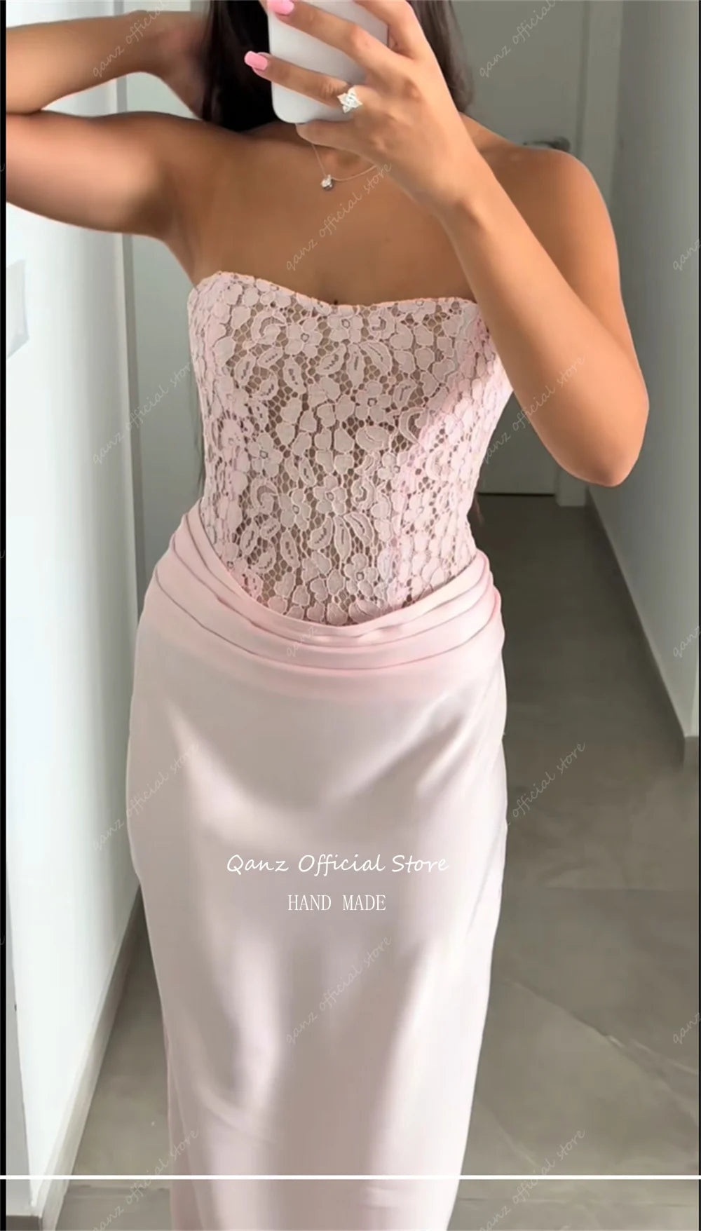Qanz Pink Prom Dress Mermaid Lace Evening Dresses Woman Elegant Strapless Backless Satin Robe De Soirée Femme Customized