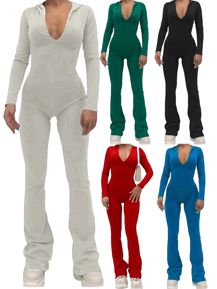 Women's Zip Up Hooded Jumpsuit New Streetwear Flare Rompers Solid Color Skinny Long Sleeve Jumpsuits Luxury Clothes Women Hot