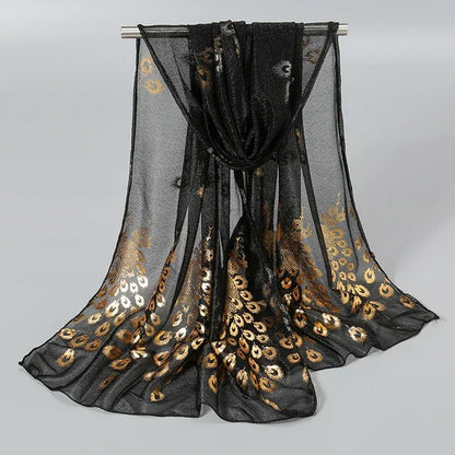 Women Glitter Thin Muffler Solid Color  Elegant Hijab Scarf Chiffon Long Scarves Gold Peacock Print Wrap Shawl Georgette Scarf