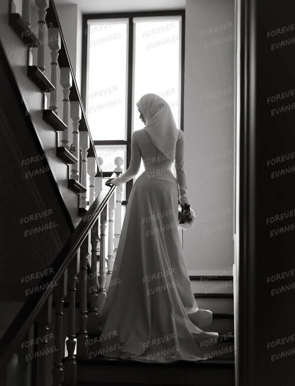 Simple Formal Wedding Dresses Muslim Woman Satin Bride Gowns High Neck Long Sleeve Ruffles Elegant Vestidos De Noche Customized