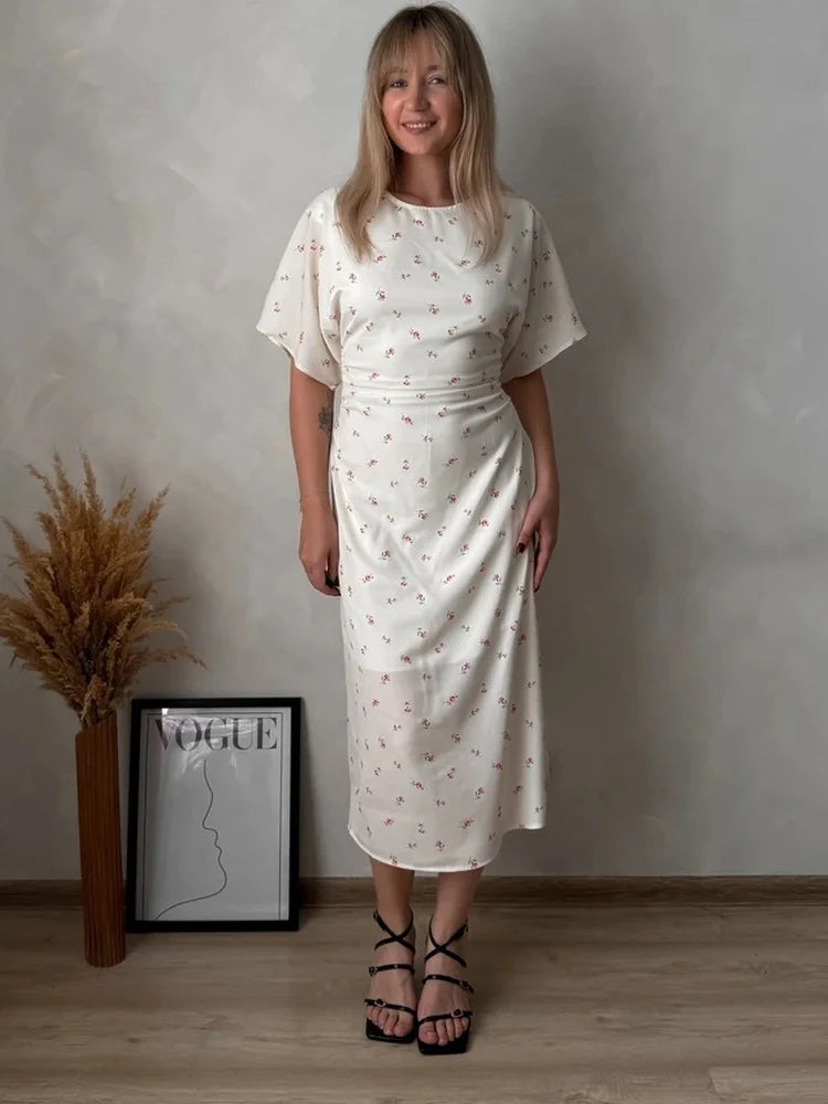 Tossy Floral Print Midi Dress Ruched Dress Round Neck Short Sleeve Fitted Waist Small Flower Print Bodycon Party Clubwear Dress