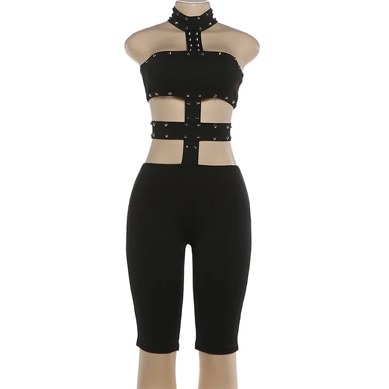 Sexy Halter Neck Cutout Bodycon Jumpsuit Women 2026 Summer Solid Studded Hollow Out Biker Short Romper Party Clubwear Outfits