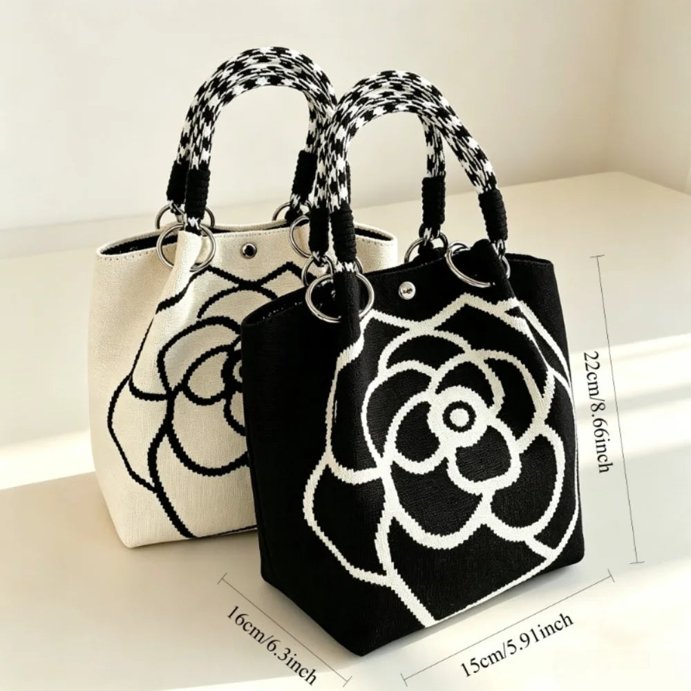 1Pc Women Mini Canvas Handbag with Black Camellia Pattern, Checkered Woven Handle Small Bucket Tote Bag, Fashion Lightweight Portable Top Handle Purse for Daily Shopping Coffee Date Travel