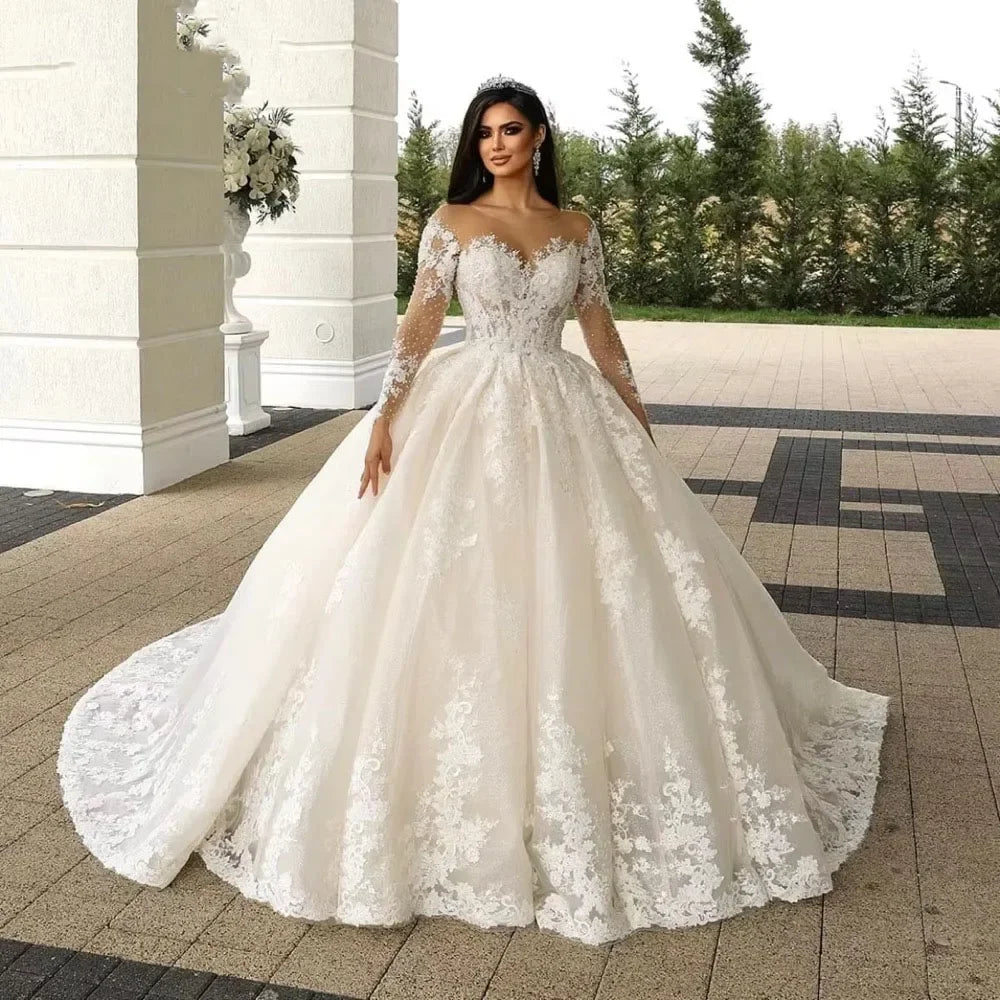 Customized Illusion Neck Wedding Dresses Long Sleeve Lace Bride Dress Ball Gown Women Vestidos de novia amanda novias oficial