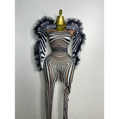 Women Long Sleeve Zebra Stripes Bodycon Jumpsuit Two Piece Set Birthday Party Nightclub Stage Performance Halloween Rompers