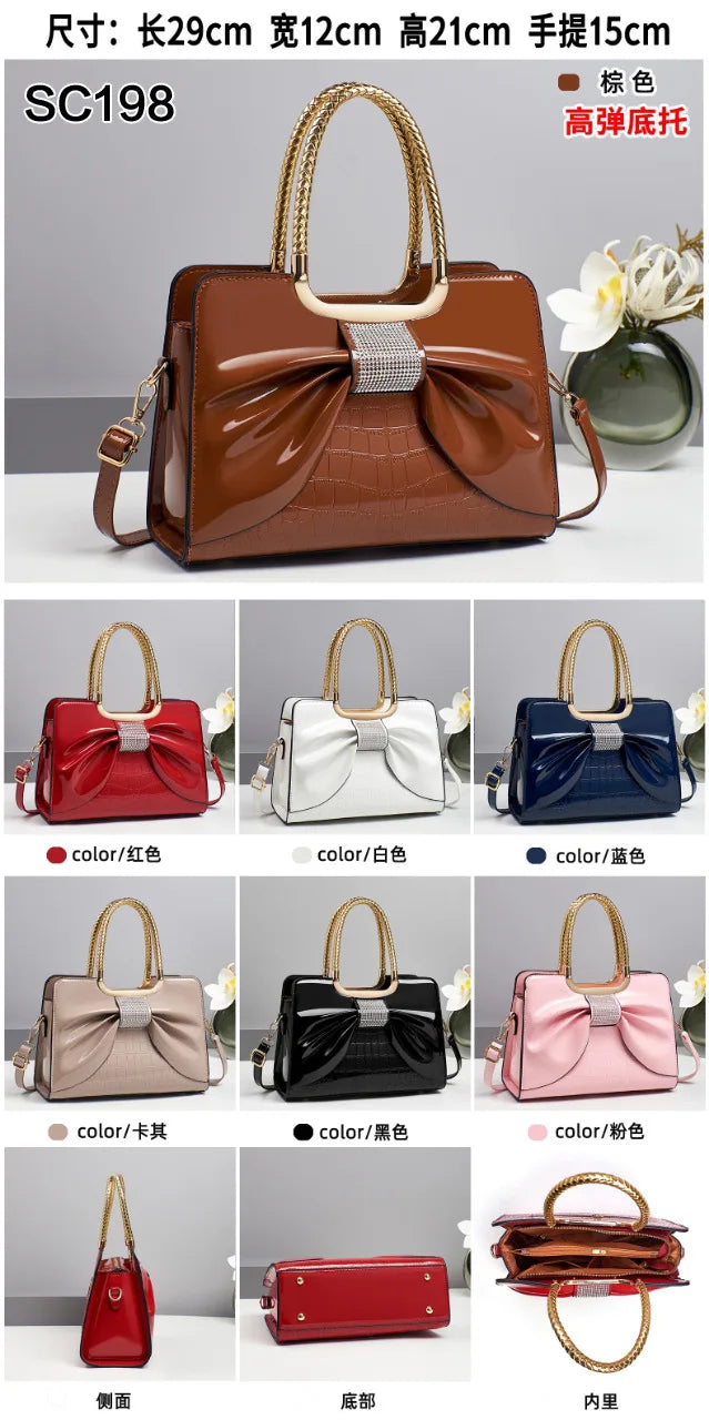 2025 New Women Luxury Designer Glossy Leather Evening Handbags Ladies Crossbody Shoulder Bag Fashion Diamond Bow Totes Bags