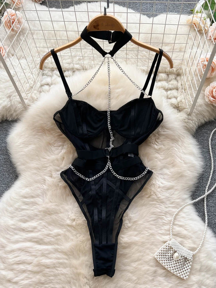 Coquette Lace Lingerie Set Sexy Mesh Bodysuit Valentines Day Sleepwear Gothic Strappy Catsuit Intimate Nightwear Romper