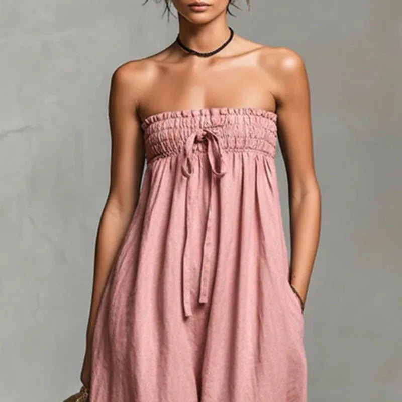 Bohemian Casual Solid Wide Leg Pants Jumpsuit Woman Spring Sexy Strapless Backless Hollow Rompers Summer Lace-up Draped Overalls