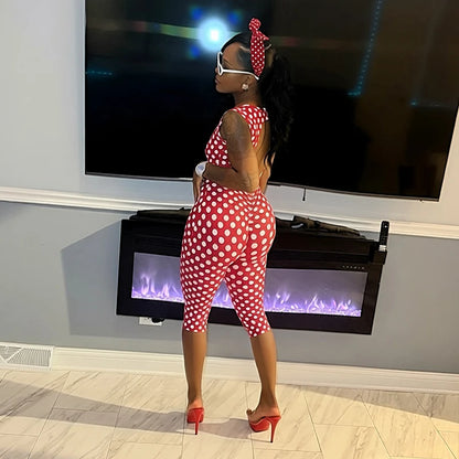 Sexy spicy girl print retro polka dot sleeveless square neck big backless seven part slim fit jumpsuit