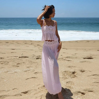 Boho 2 Piece Set Halter Sheer Floral Lace Crop Top Ruched Waist Self Tie High Slit Ruffle 2026 Summer Beach Vacation Women Wear