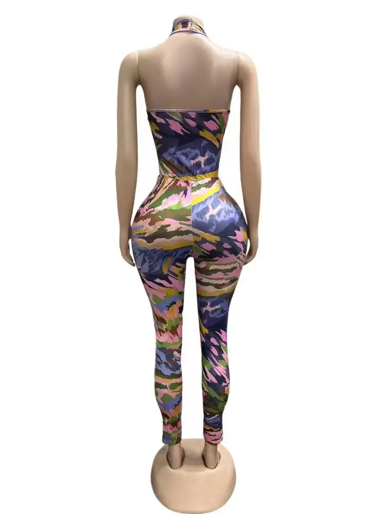 STYLISH LADY Colorful Camo Print 2 Piece Outfit Women Halter Sleeveless Bodysuit High Waist Skinny Pants Street Matching Sets