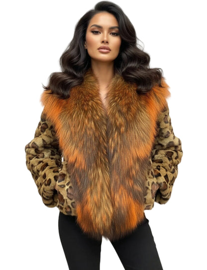 Women's Leopard Print Natural Mink Fur Coat with Big Raccoon Fur Collar Warm Winter Jacket for Cold Weather