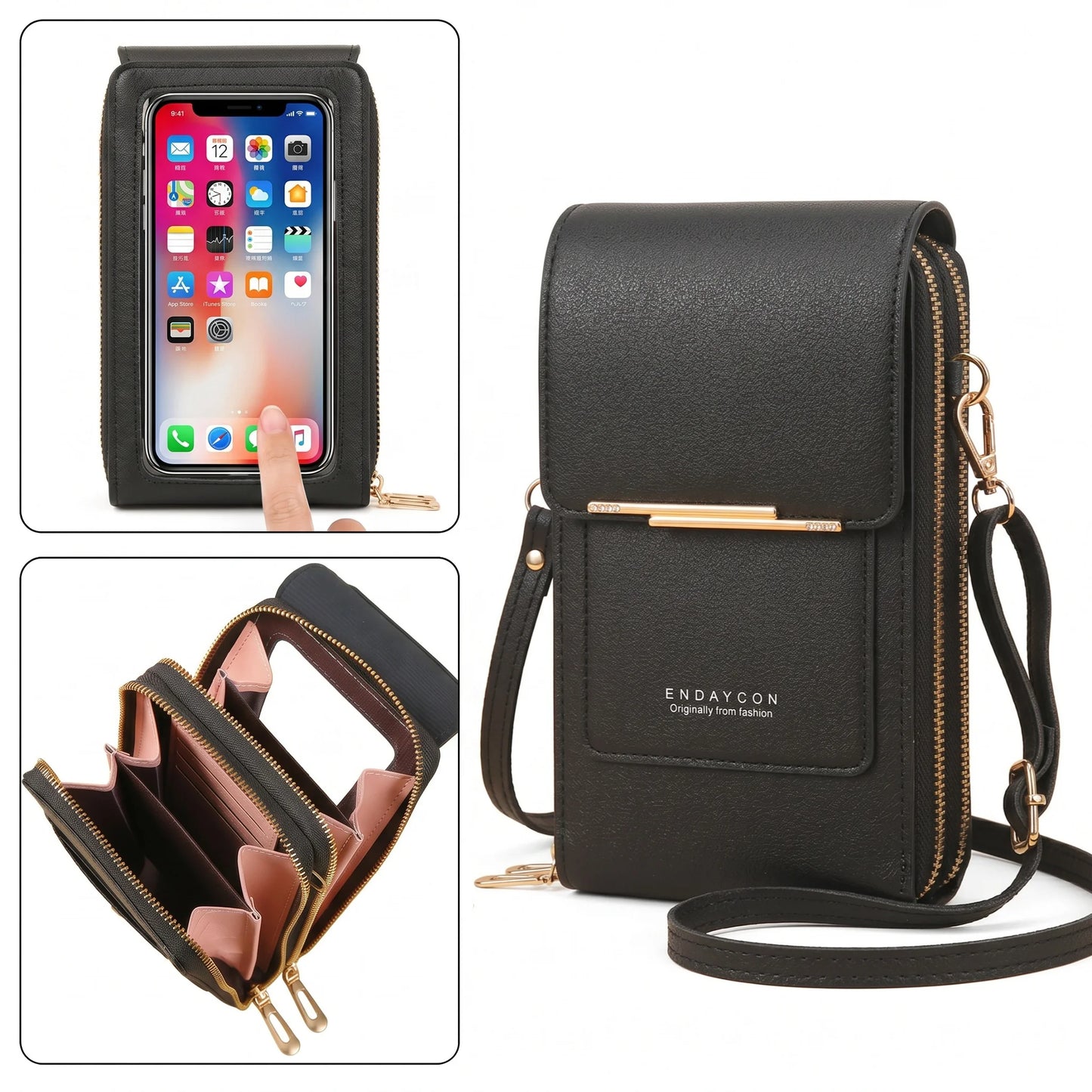 RFID Blocking Touch Screen Cell Phone Bag Women Mini PU Leather Lightweight Card Holder Crossbody Shoulder Bag Adjustable Strap