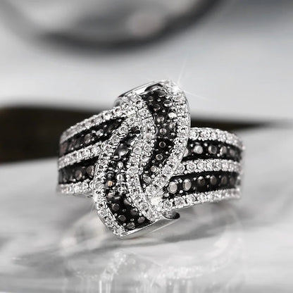 925 Sterling Silver Black Enamel Knot Ring for Women New Modern Design Chic Female Finger Ring Party Bling CZ Statement Jewelry
