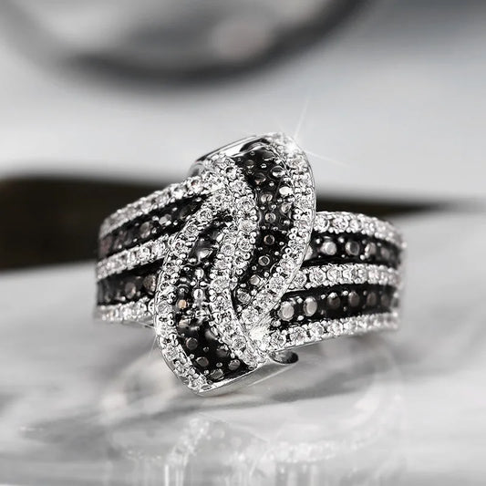 925 Sterling Silver Black Enamel Knot Ring for Women New Modern Design Chic Female Finger Ring Party Bling CZ Statement Jewelry