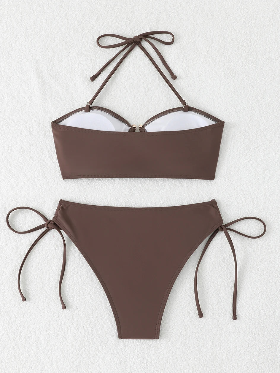 High Waist Bikini Women's Swimsuit 2026 Knotted Bathing Suits Woman Swimwear Bandeau Push Up Bikinis Sets Brazilian Beach Wear