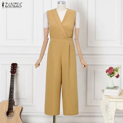 ZANZEA Women Jumpsuits Solid Sleeveless V Neck Rompers Elegant Office Ladies Clothing European Bottoms Pockets Casual Overalls