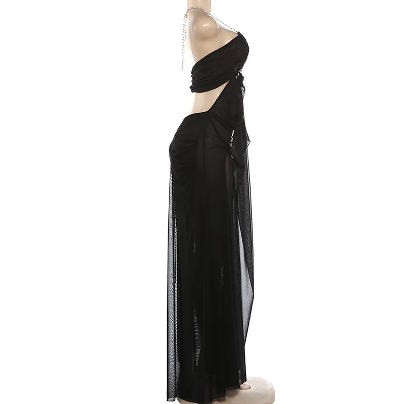 Prom Party Gown Dress Woman Sexy See Through Luxury Chain Halter Low-Neck Backless Sleeveless Midnight Elegant Vestidos