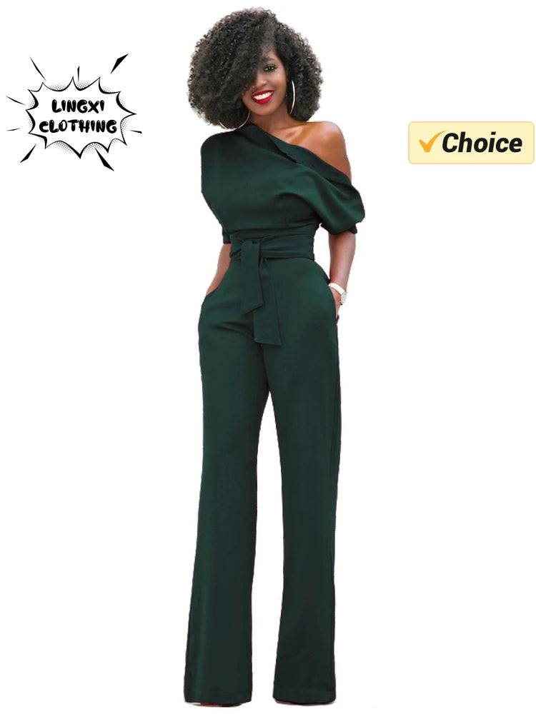 2024 Summer New Fashion Women's Jumpsuit Solid Color Slanted Shoulder Elegant Temperament Sleeveless Long Wide Leg Jumpsuit