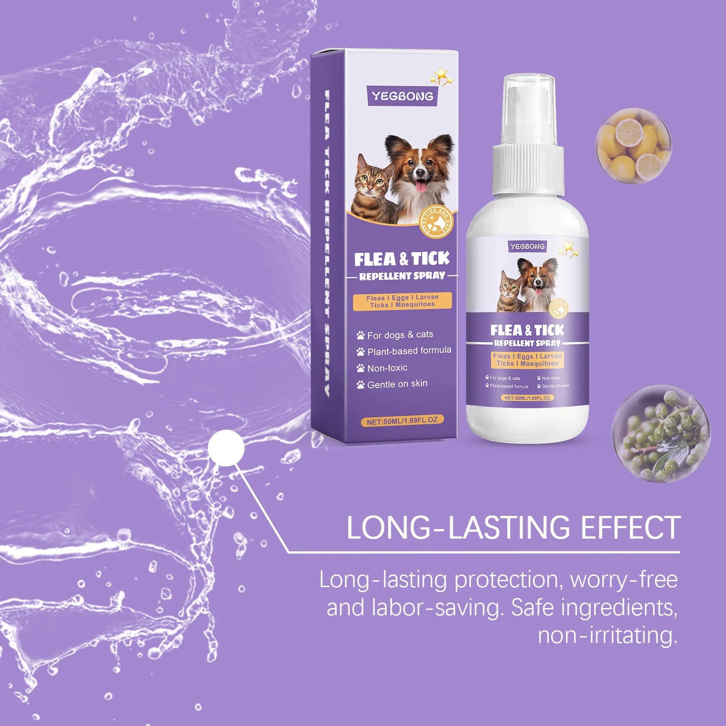 Pet Flea Tick Repellent Spray Waterproof Fur Clean Relieve Skin Itching Remove Mite Lice Dogs Cats External Insect Spray 50ml