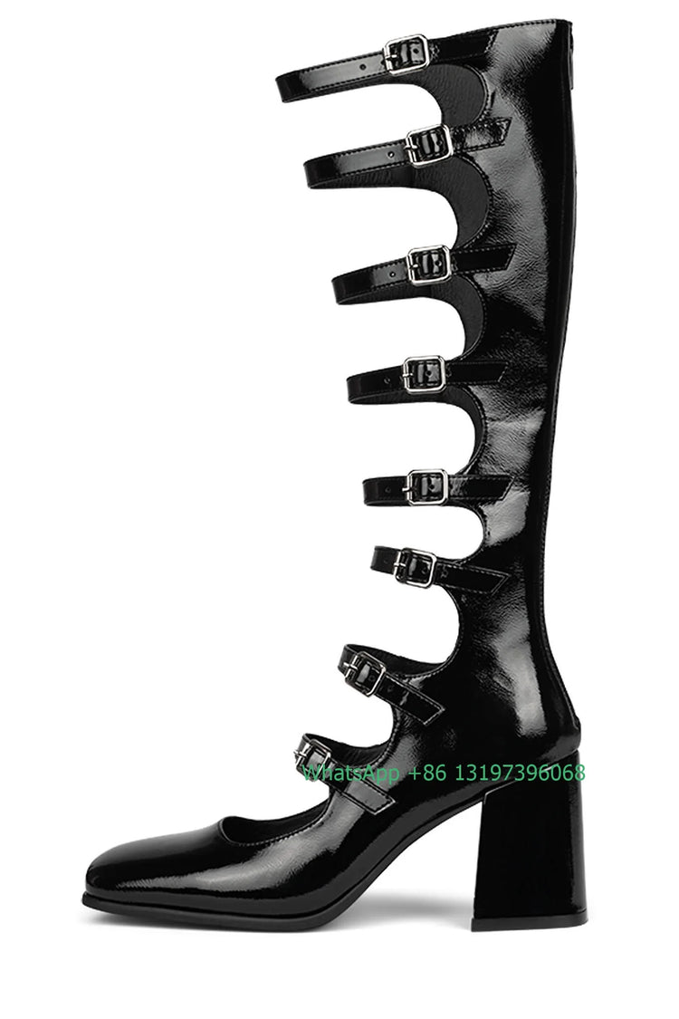 Lady buckle hollow chunky heel calf boots summer dress party solid shoes Mary Jane leather PU boots office lady shoes footwear