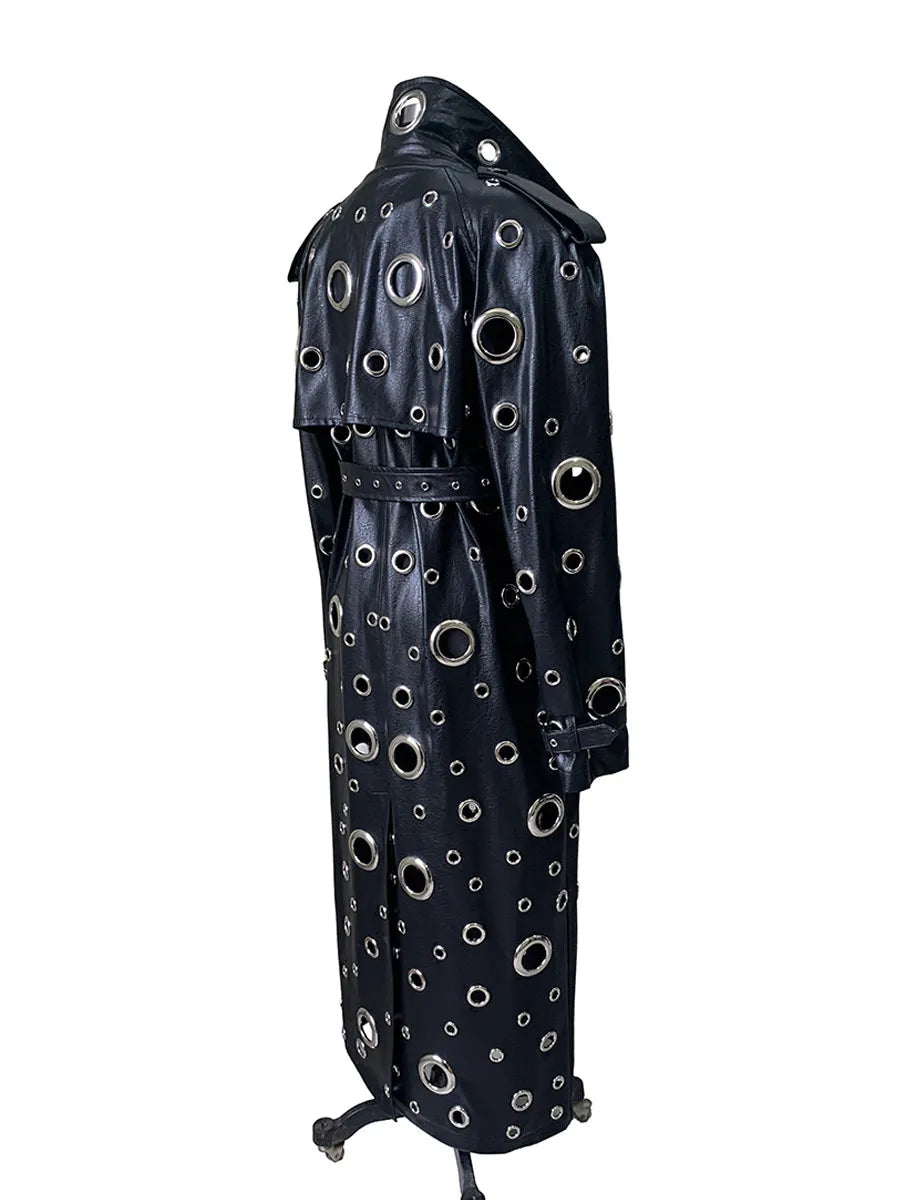 Nerazzurri Autumn Oversized Extra Long Pu Leather Trench Coat for Women Holes Hollow Out Luxury Designer Emo Streetwear Overcoat