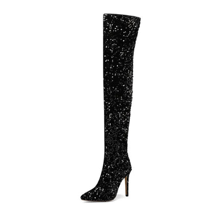 Over-the-Knee Boots for Women Pink Sequins Point Toe Boots Thin High-heeled Purple Thigh Long Boots Sexy Zip Heels Stiletto Shoe