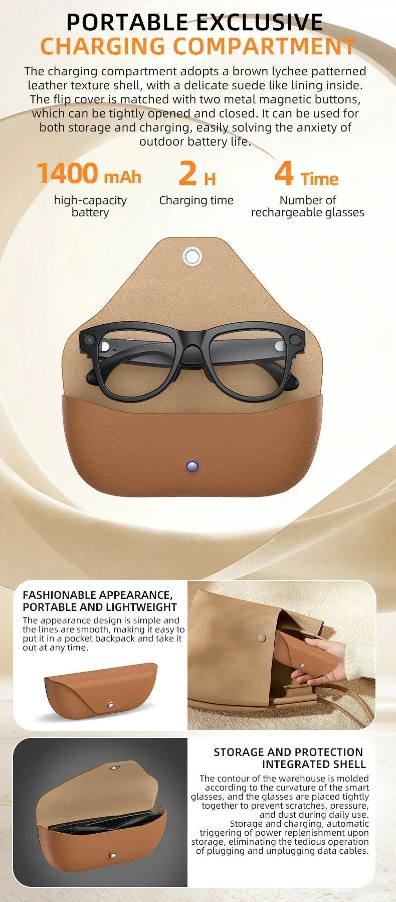 Smart Glasses with Camera 8MP HD Photo Video Recording EIS Anti Shake 1400mAh Charging Case WiFi Sync Transfer for Men Women