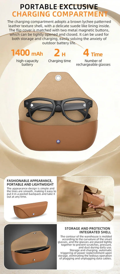 Smart Glasses with Camera 8MP HD Photo Video Recording EIS Anti Shake 1400mAh Charging Case WiFi Sync Transfer for Men Women