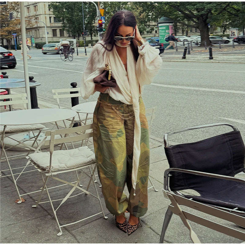 Women Camouflage Cargo Long Pants High Waist Wide Leg Drawstring Hem Baggy Trousers 2026 Autumn Casual Chic Vintage Streetwear