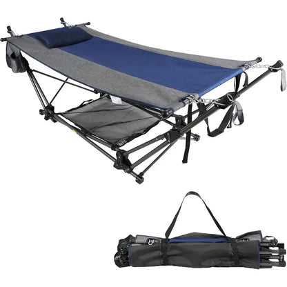 Portable Camping Hammock with Stand, Removable Pillow, and Storage Net - Ideal for Outdoors, Beach, Garden, Lawn