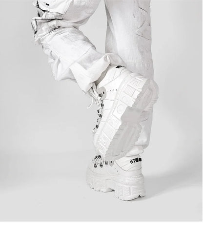 Gothic Ankle Rock Boots Women Shoes White Leather Platform New Punk Style Lace-up Heel Height Shoes Metal Decor Woman Sneakers