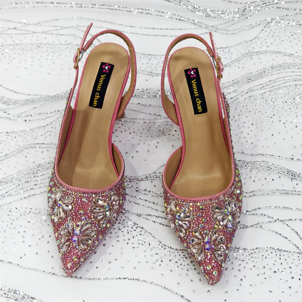 Luxury Handmade Flowers Shoes and Clutch for Women- Nigerian Style Elegant Crystal Heels with Matching Evening Bags