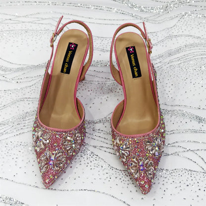 Luxury Handmade Flowers Shoes and Clutch for Women- Nigerian Style Elegant Crystal Heels with Matching Evening Bags