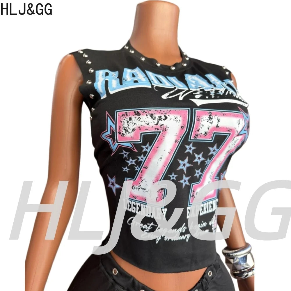 HLJ&GG Trend Fashion Letter Print Rivet Tshirts Two Piece Sets Women O Neck Sleeveless Top And Shorts Outfit Y2K 2pcs Streetwear