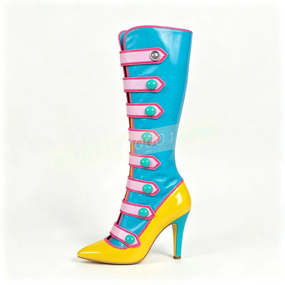 Women Color Block Knee High Boots Glossy Patent Leather Pointed Toe Stiletto Heels Multiple Strap Buckle Cosplay Fashion Shoes