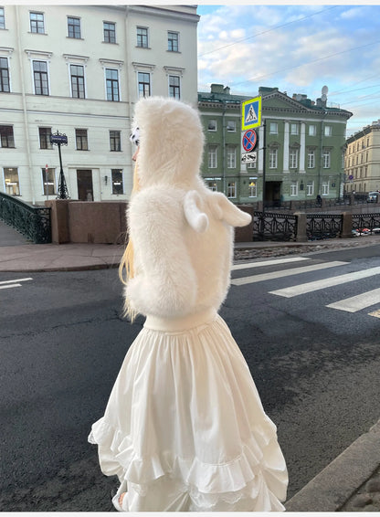 Lautaro Autumn Winter Thick Warm Sweet Cute White Short Faux Fur Coat Hoodie Women with Fairy Angel Zipper Fitted Fluffy Jacket