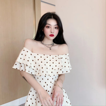 2025 Summer New Women Korean Off-shoulder Short Jumpsuit Female Chiffon Polka-dot Playsuits Ladies Short Sleeve Thin Rompers P73