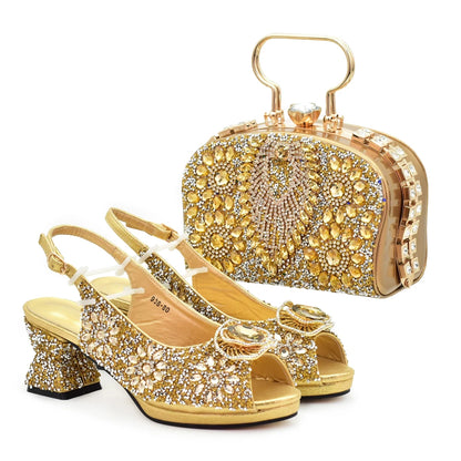Popularity Peep Toe Heels for Women 2025 Elegant Party Full Diamond Pumps Italian Shoes and Bags Matching Set Bridal Shoes