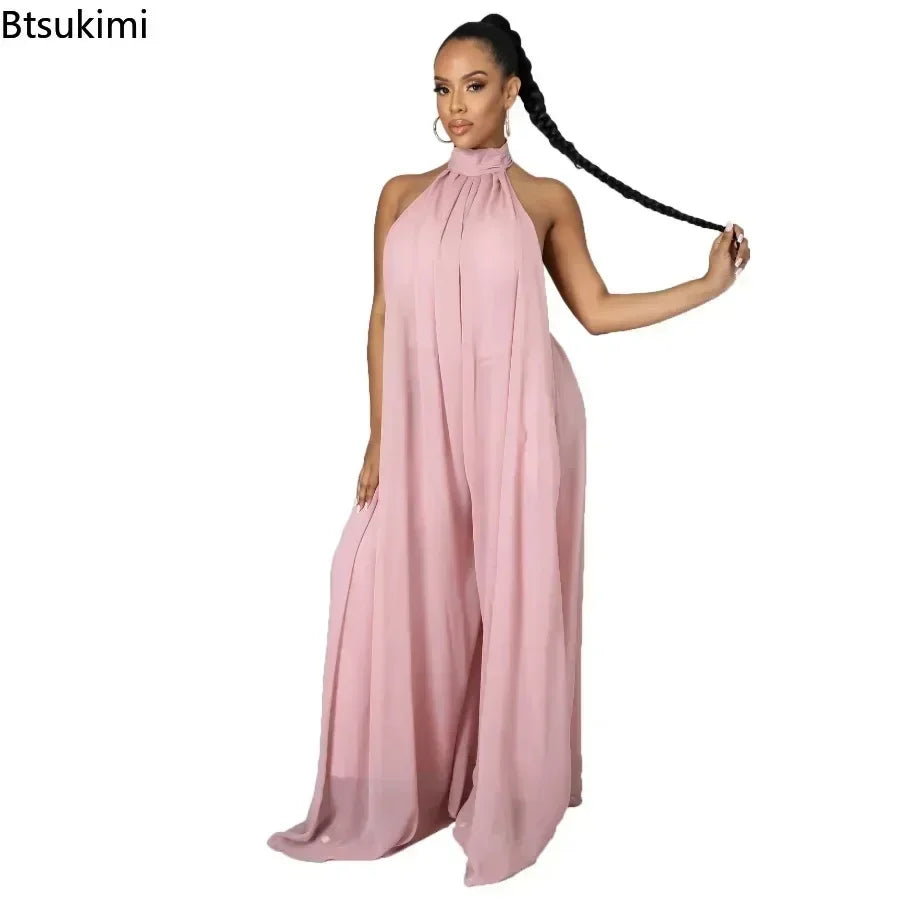 2026 New Women's Solid Chiffion Loose Halter Jumpsuits Sexy Backless Wide Leg Pants Rompers Fashion Party Elegant Women Clothing