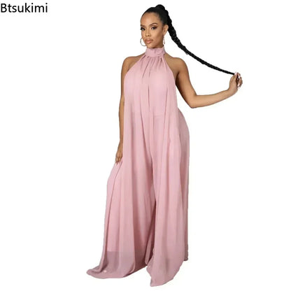 2026 New Women's Solid Chiffion Loose Halter Jumpsuits Sexy Backless Wide Leg Pants Rompers Fashion Party Elegant Women Clothing