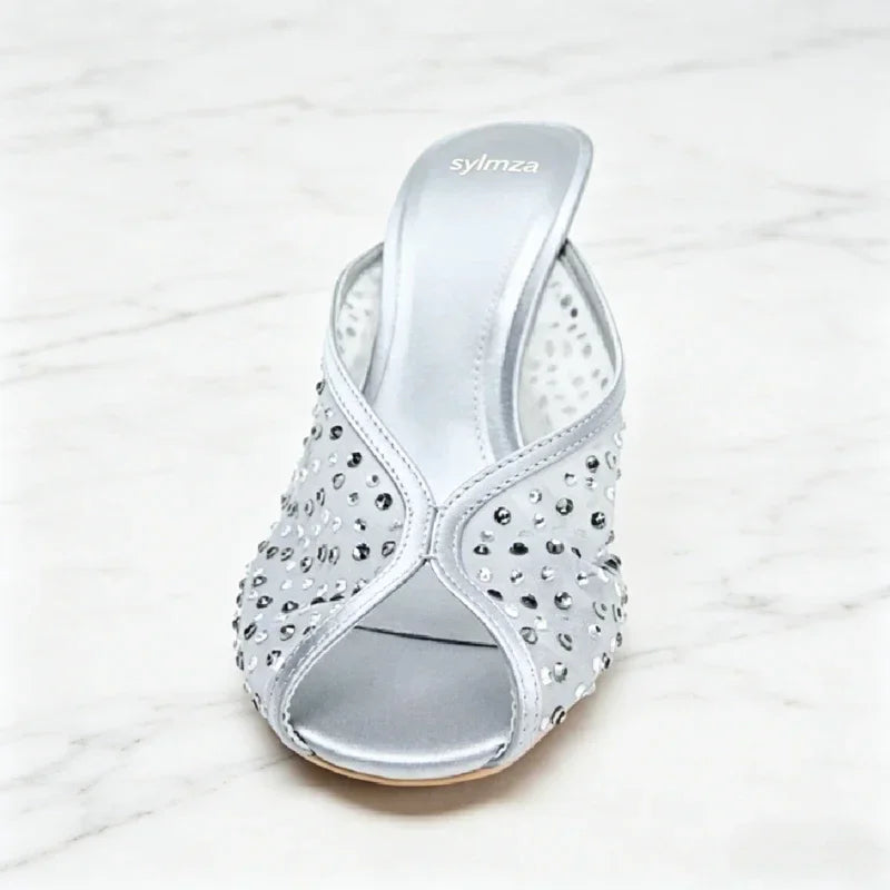 Luxury Rhinestone Detail Mules Sandals Women Sexy Peep Toe High Heel Slippers for Ladies Elegant Banquet Shoes Summer Mesh Shoes