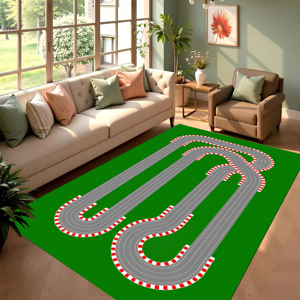 Dynamic Racing Track Game Carpet Race Circuit Area Rug Non Slip Floor Mat for Kids Room Playroom Home Decoration Bedroom Decor