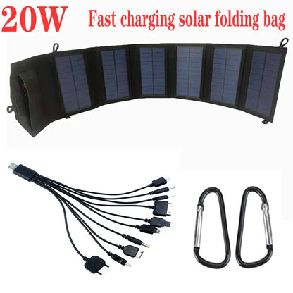 20W 6-Fold Portable Foldable Solar Charger Panel, USB 5V DC Full Time Power Output for Outdoor Mobile Power Supply