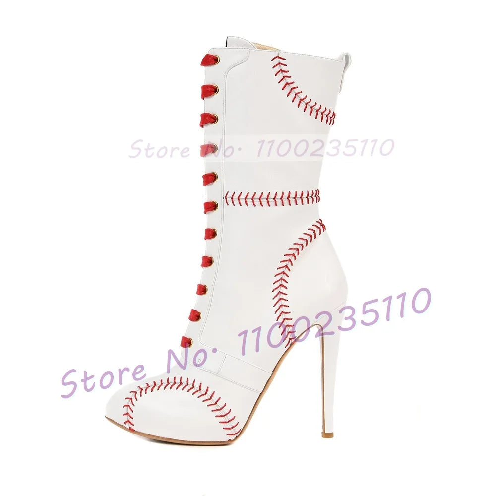 Baseball Sewing Design Stiletto Ankle Boots Women Round Toe Stylish White High Heel Boots Two Tone Splicing Cross Tied Shoes