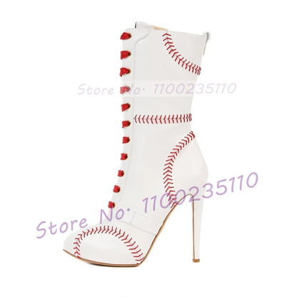 Baseball Sewing Design Stiletto Ankle Boots Women Round Toe Stylish White High Heel Boots Two Tone Splicing Cross Tied Shoes