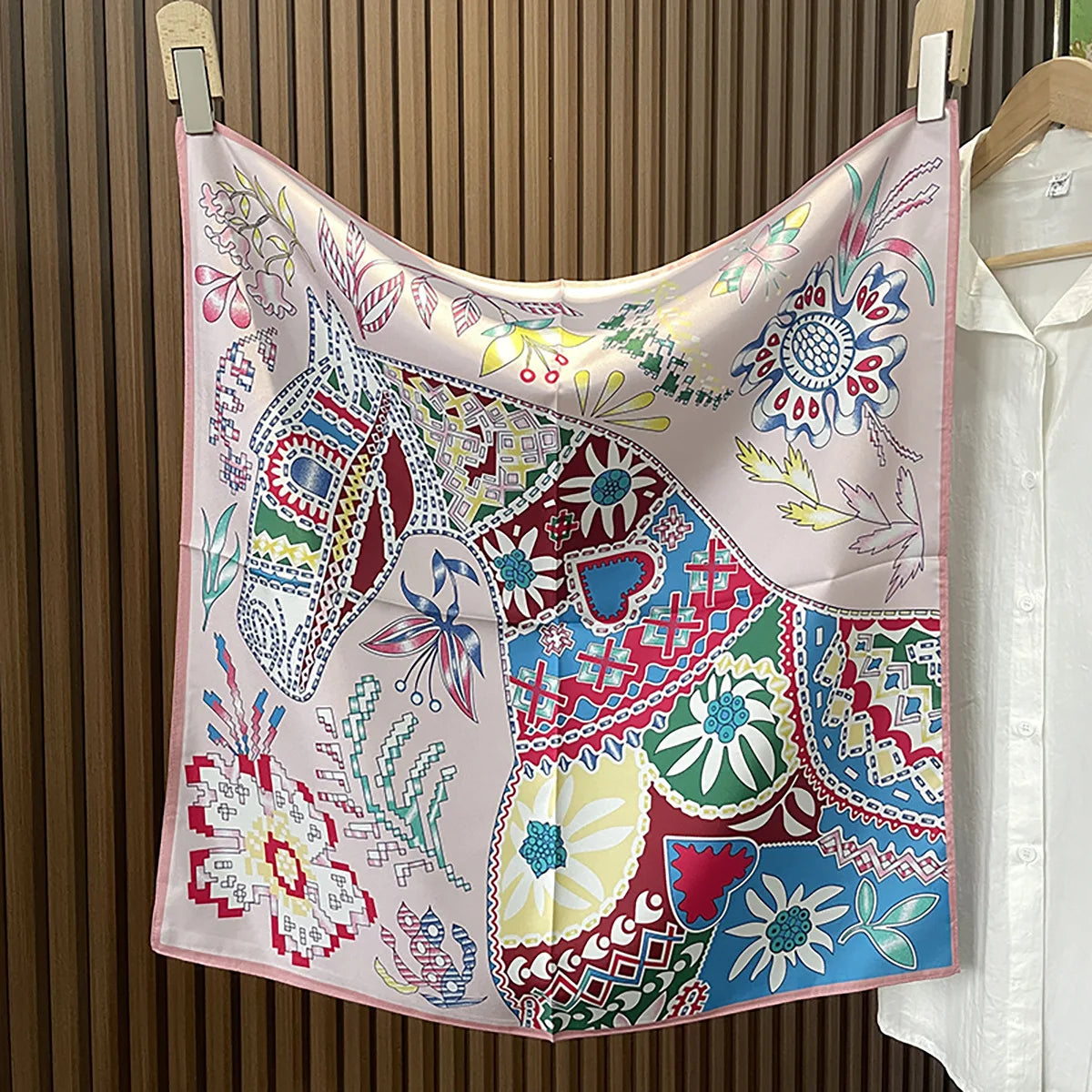 Green Boho Horse Square Scarf 70cm Ethnic Floral Satin Bandana Women Neck Handbag Wrap Elegant Silk Feel Daily Fashion Accessory